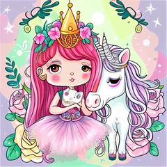 Greeting Card with Cute Cartoon fairy tale Princess and Unicorn