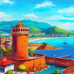 Kizil Kule or Red Tower and port aerial panoramic view in Alanya city, Antalya Province on the southern coast of Turkey - obrazy, fototapety, plakaty