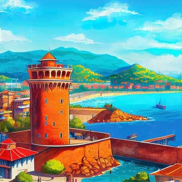 Kizil Kule or Red Tower and port aerial panoramic view in Alanya city, Antalya Province on the southern coast of Turkey