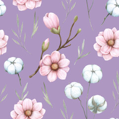 Watercolor Magnolia and Cotton seamless pattern. Hand drawn detailed realistic vintage illustration. 