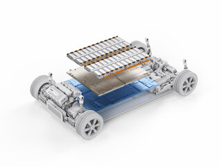 Electric car with pack of battery cells module on platform - obrazy, fototapety, plakaty