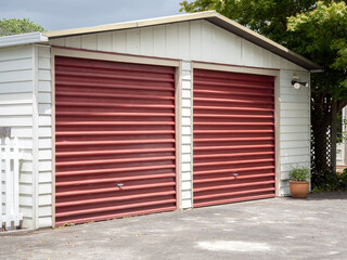 White garage with two red tilt-up retractable metal doors.