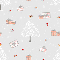 Fototapeta na wymiar Winter holiday seamless pattern,celebrate theme with cute hand drawn gift boxes on grey background