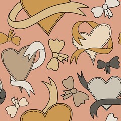 Hand drawn seamless pattern with st valentine day beige blush brown fabric background. Love heart boho bohemian neutral decor, vintage neutral pastel textile texture wrapping paper.