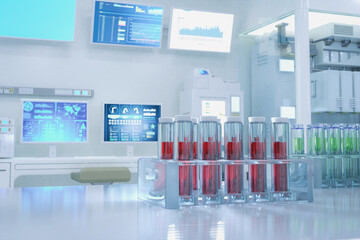 white futuristic digital laboratory with machine, computer screen and test tubes