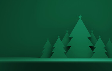 Christmas tree on green abstract background Exhibition and advertising space.