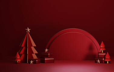 Round base podium, ball gold and red circle gift box with tree for christmas and new year abstract background.