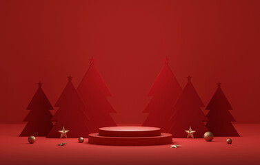 Gold edged podium and red christmas tree with gold edge elegant christmas and new year on red background.