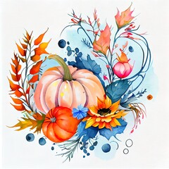 Naklejka premium Watercolor autumn composition with pumpkins and leaves Blue, pink and orange pumpkin, orange flowers and sea buckthorn , anime style