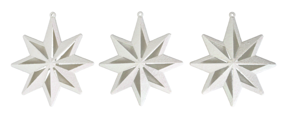 Three white sparkly snowflake shaped Christmas ornaments
