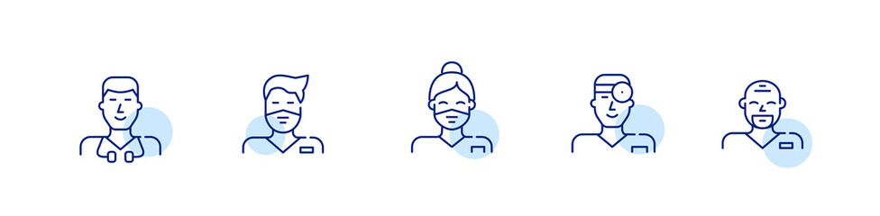 Medical professionals. Hospital staff icons. Nurses and doctors. Pixel perfect, editable stroke line