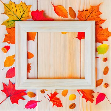 Autumn composition of colorful leaves and picture frame on white wooden background Top view, flat lay, copy space Thanksgiving day concept , anime style
