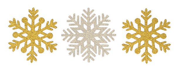 Three sparkly snowflakes in a row, gold and silver glitter
