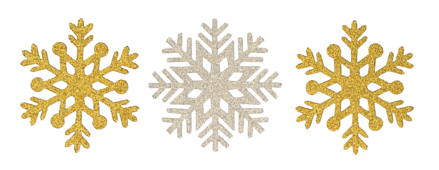 Three sparkly snowflakes in a row, gold and silver glitter
