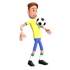 Fototapeta na wymiar Brazil football player 3D character controlling the ball. Cartoon character as Brazilian soccer team.