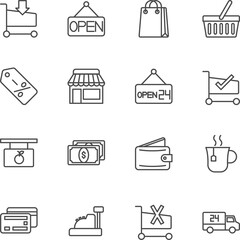 Convenience store icon set, Super market and shopping mall, shopping cart, shop, basket, dalivery, pocket money, Vector thin line icon
