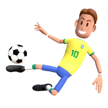 Brazil football player 3D character acrobatick kick. Cartoon character as Brazilian soccer team.