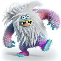 3d rendering, colorful hairy beast Yeti runs, furry monster cartoon character walking or dancing. Fluffy toy in active pose, isolated on white background. - obrazy, fototapety, plakaty