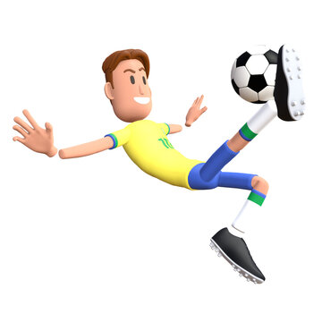 Brazil football player 3D character bicycle kick. Cartoon character as Brazilian soccer team.