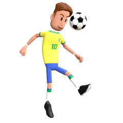 Brazil football player 3D character heading goal. Cartoon character as Brazilian soccer team.