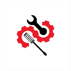 Mechanic vector logo design with wrench, gear and screwdriver. Infinity concept