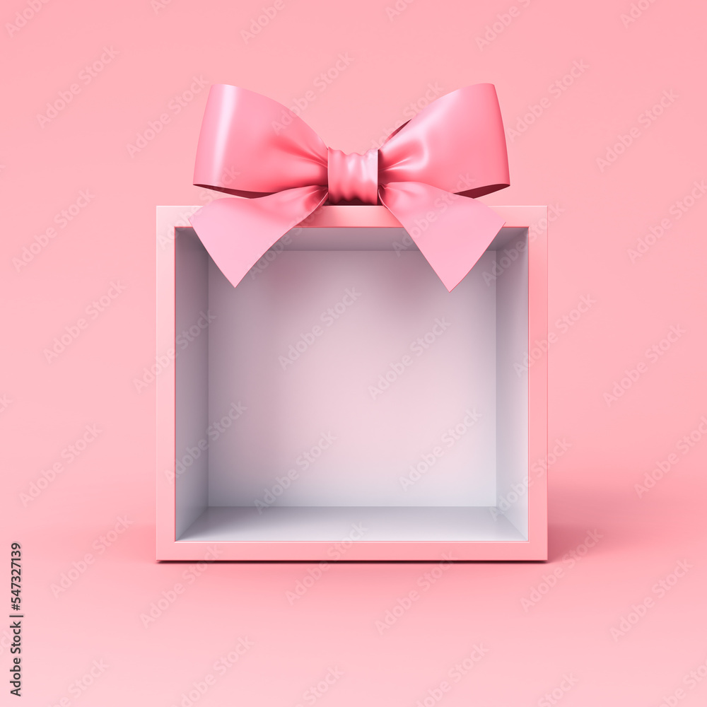 Poster gift box product display showcase or blank exhibition booth gift box stand with pink ribbon bow isol