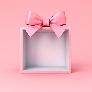 Gift box product display showcase or blank exhibition booth gift box stand with pink ribbon bow isolated on light pink pastel color background minimal conceptual 3D rendering