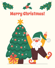 Merry Christmas vertical greeting card with a cute gnome, presents and decorated tree