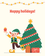 Merry Christmas vertical greeting card with an elf, presents and decorated tree