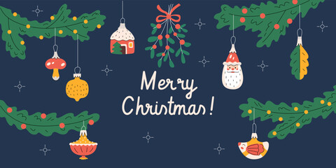 Merry Christmas horizontal banner with fir-tree branches and vintage ornaments