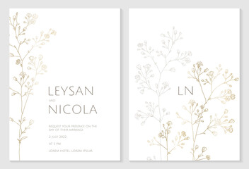 Template for invitation, greeting cards with golden gypsophila.