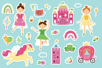 Collection of stickers with princesses, castle, tower, pegasus, carriage and rainbows. Hand drawn children's illustration.
