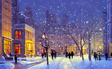 December snowfall in the night city