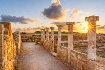 Antique roman columns in Kato Pafos Archaeological Park,  part of Unesco in Cyprus