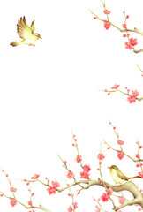 紅梅の花に止まるうぐいすと飛ぶうぐいすの背景　縦　手描き色鉛筆画