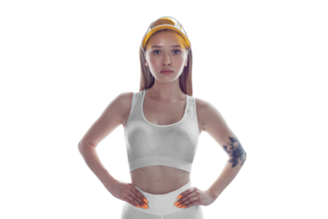 Young blonde woman in a white sports top and leggings. Mock-up. Png.