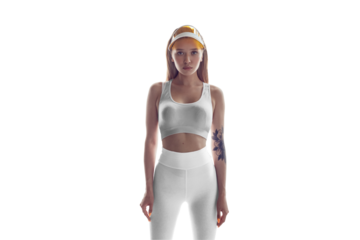 Young blonde woman in a white sports top and leggings. Mock-up. Png.