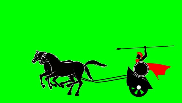 Spartan war chariot, horses warrior with spear and red cape cartoon black silhouettes animation green screen