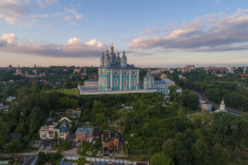 Fototapeta na wymiar View of the ancient Assumption Cathedral in the morning cityscape (aerial view). Smolensk, Russia