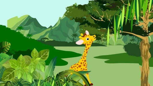Jungle scene cartoon giraffe walking 2d animation