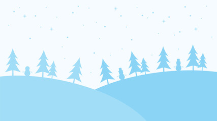 subtle blue winter hill background stock vector with pine tree and snowman silhouette