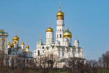 Fototapeta na wymiar View of the temples of the Moscow Kremlin on a sunny April day. Moscow, Russia