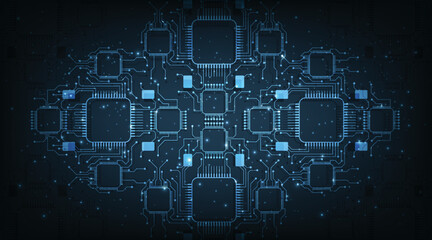 Circuit vector illustration design template.Vector abstract technology Circuit board on dark blue background.High tech circuit board connection system concept.