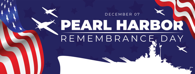 Pearl harbor remembrance day banner illustrator with battleship silhouette