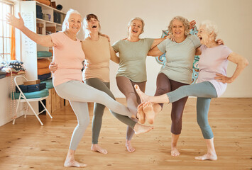 Friends, fitness and dance with a senior woman group having fun together in an exercise class. Gym,...