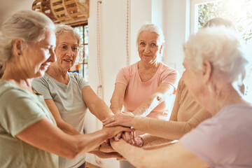 Teamwork, senior and hands of women together in community support, solidarity and collaboration....