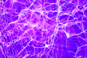 Defocus blurred transparent purple colored clear calm water surface texture with splashes and bubbles. Trendy abstract nature background. Water waves in sunlight with copy space. Pink watercolor shine