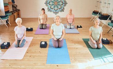 Yoga class, exercise and group together for meditation, wellness and health during a zen, chakra or...