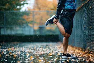 Unrecognizable athlete warming up while exercising in park during rainy day.