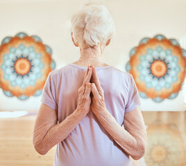 Elderly woman in pose for yoga, flexibility and fitness in studio, hands with arms stretching and...